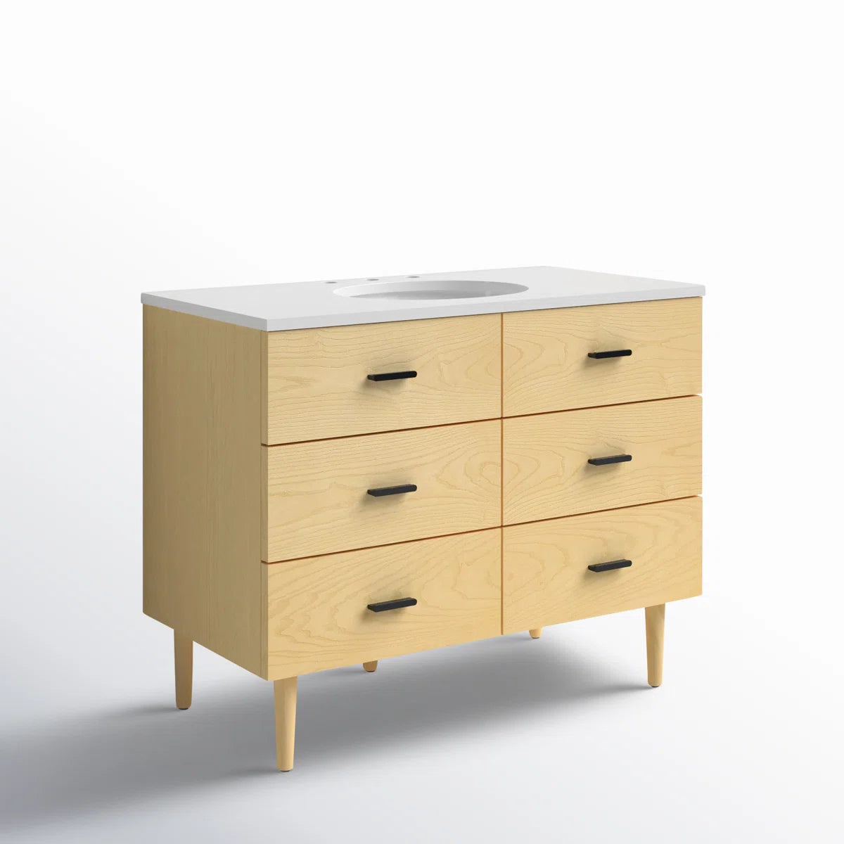 Stockholm 42" Single Bathroom Vanity in Natural Ash with Black Handles | Quartz Countertop