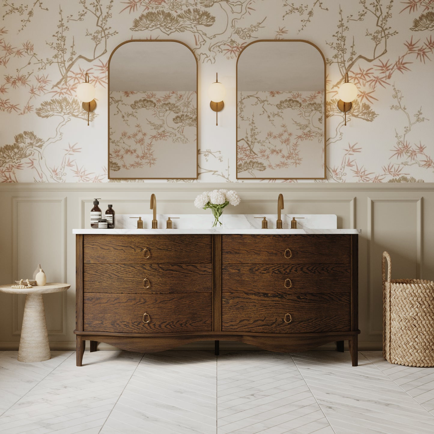 Grace 72" Double Bathroom Vanity | Enhanced Brown Oak | Statuario Quartz Countertop