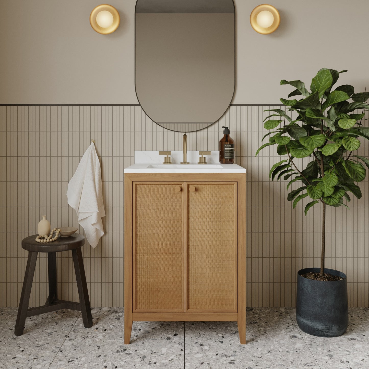 Whitney 24"W x 20"D Rattan RTA Single Bathroom Vanity | Calacatta Gold Quartz Countertop