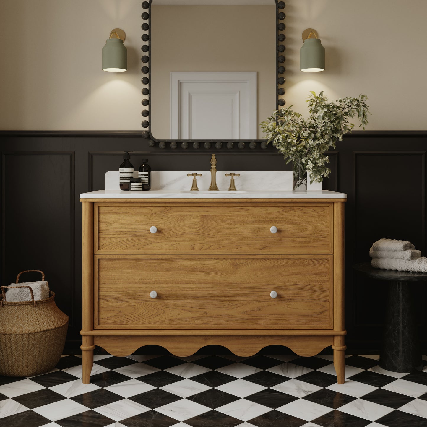 Juliette 48"W Scallop Single Bathroom Vanity | Enhanced Natural Oak |Cultured Marble Countertop