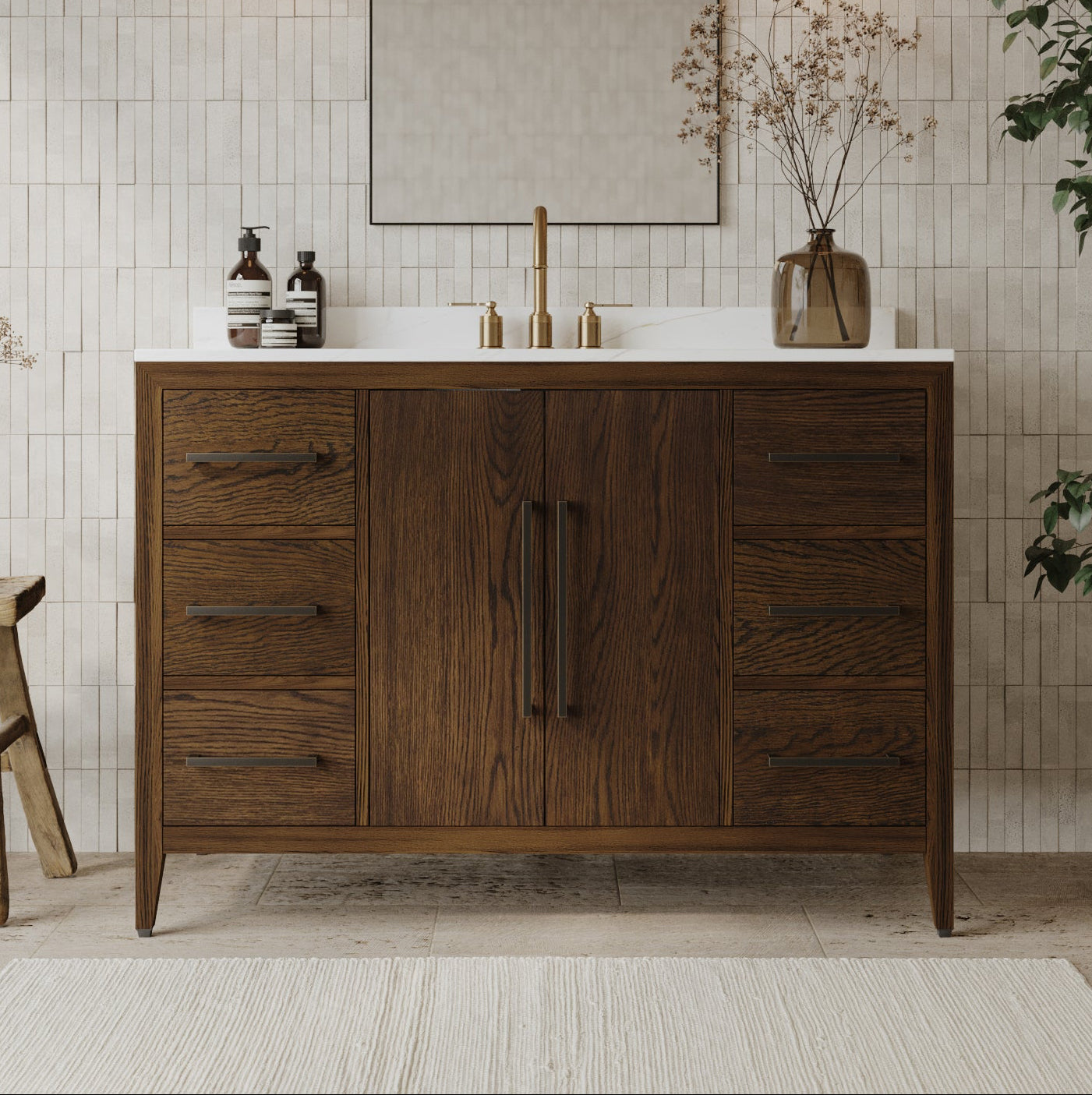 Bergen 48" Double Bathroom Vanity in Enhanced Brown Oak | Calacatta Gold Quartz Countertop