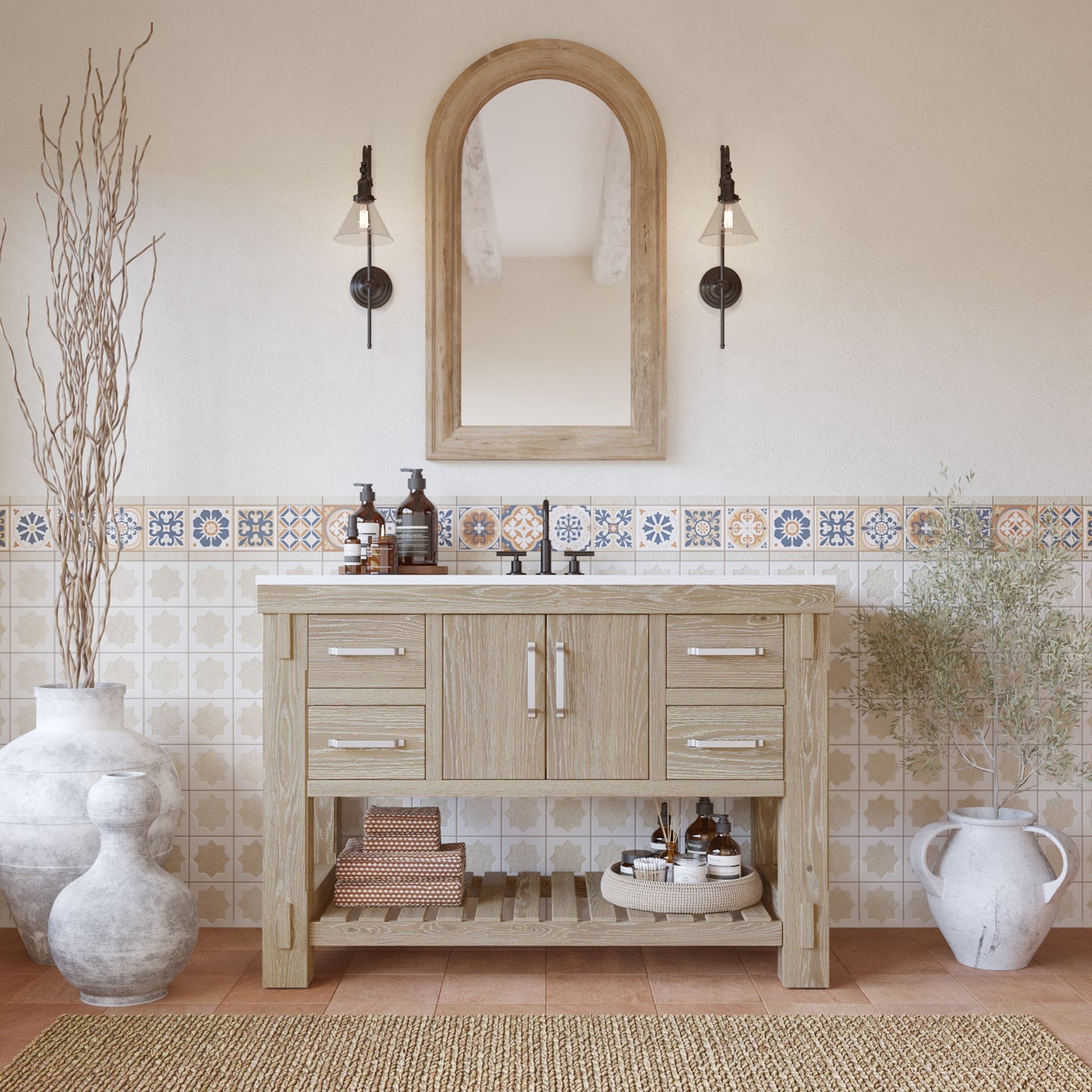 Telluride 48" Single Sink Bathroom Vanity in Washed Pine | White Quartz Countertop