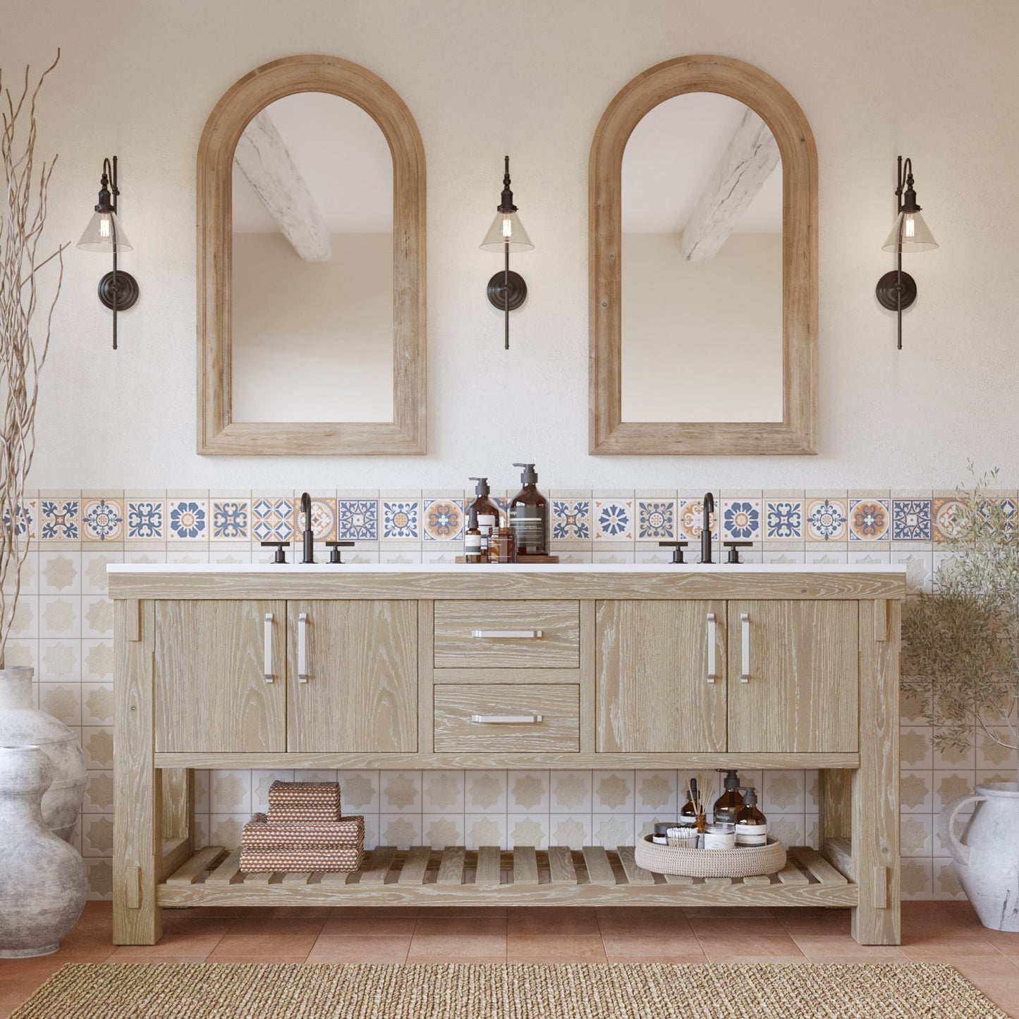 Telluride 72" Double Bathroom Vanity in Washed Pine | White Quartz Countertop
