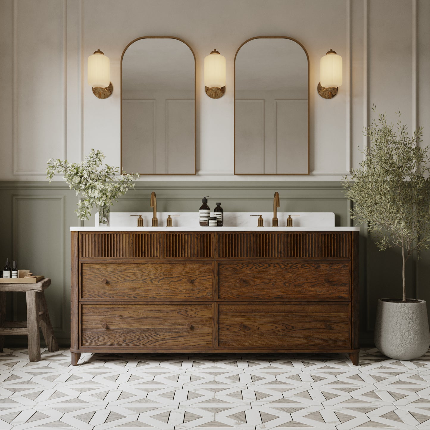 Kathryne 72" Double Bathroom Vanity in Enhaced Brown Oak | Statuario Quartz Countertop