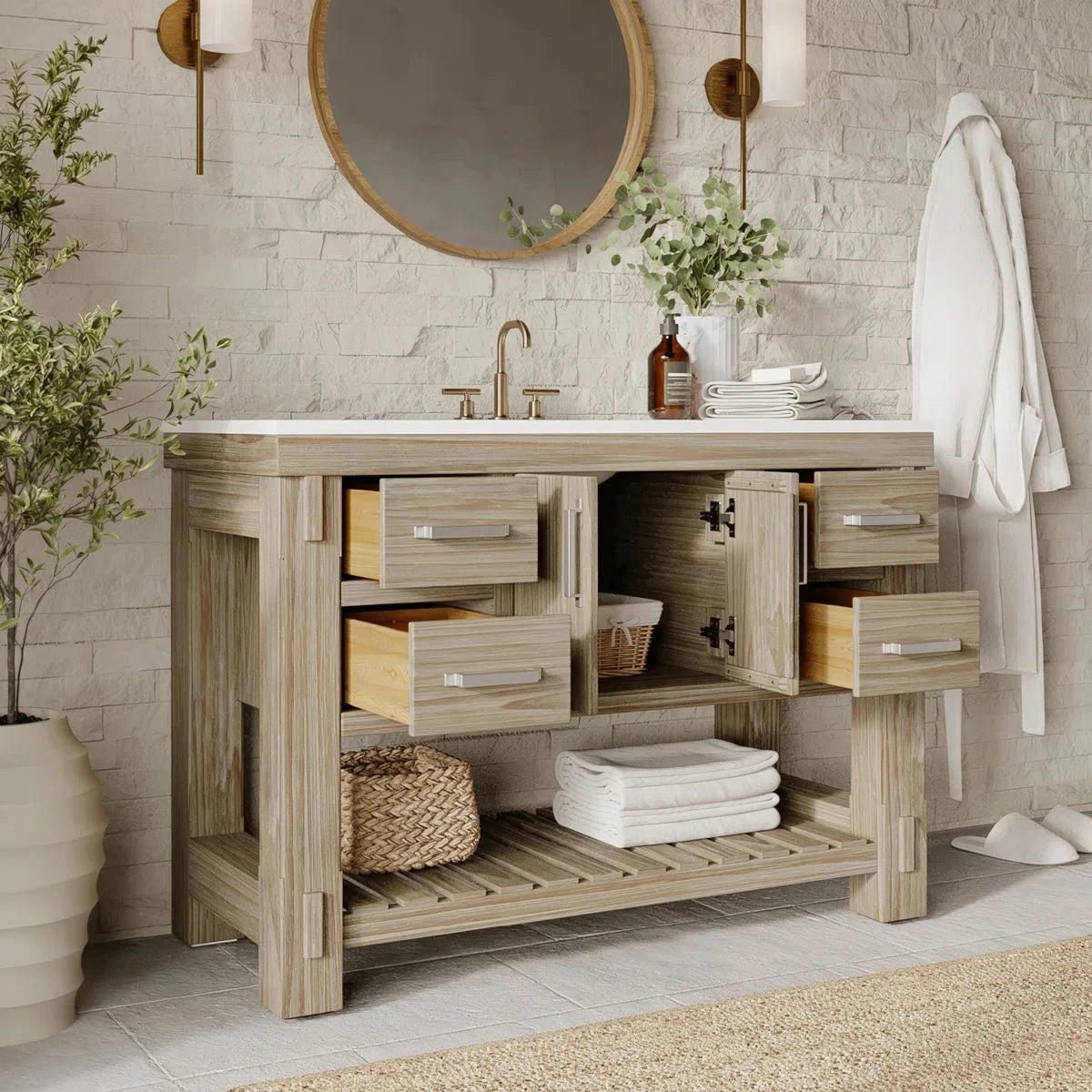 Telluride 48" Single Sink Bathroom Vanity in Washed Pine | White Quartz Countertop