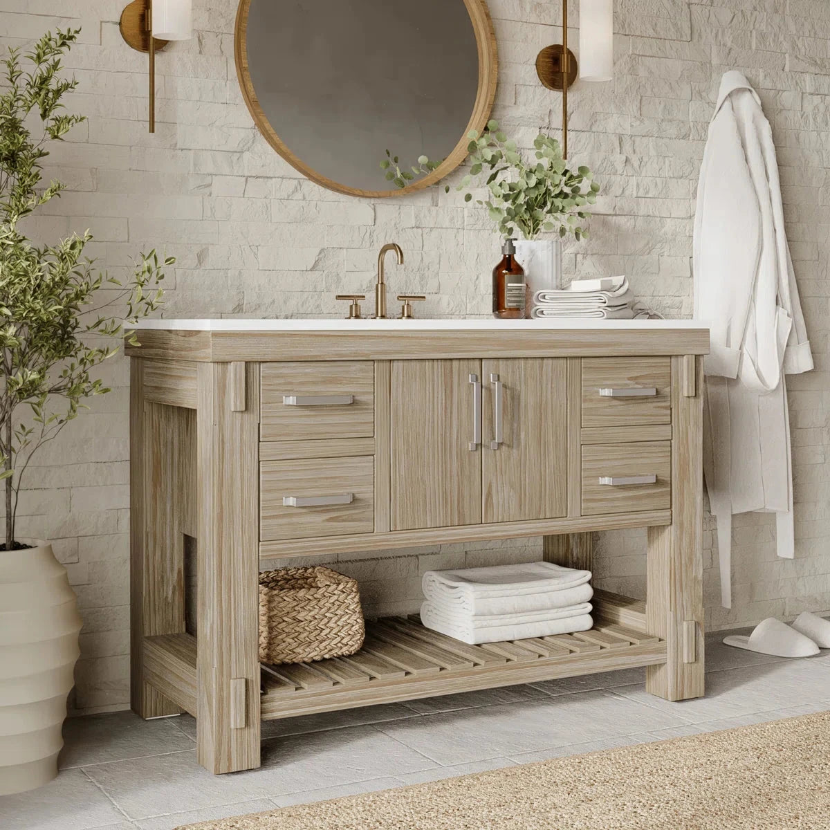 Telluride 48" Single Sink Bathroom Vanity in Washed Pine | White Quartz Countertop