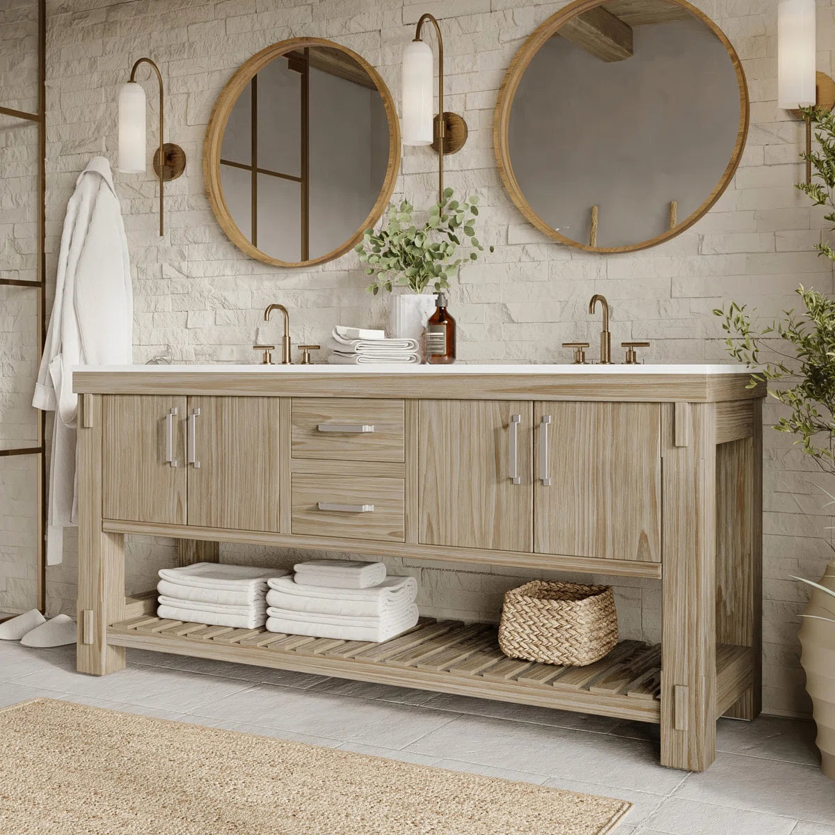 Telluride 72" Width Double Bathroom Vanity in Washed Pine