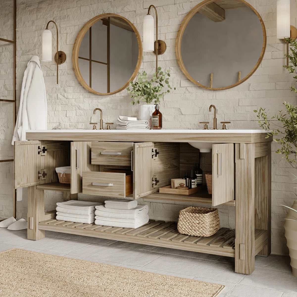 Telluride 72" Width Double Bathroom Vanity in Washed Pine
