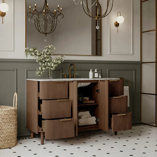 Havana 54" Width Single Bathroom Vanity In Brown Reeded Birch