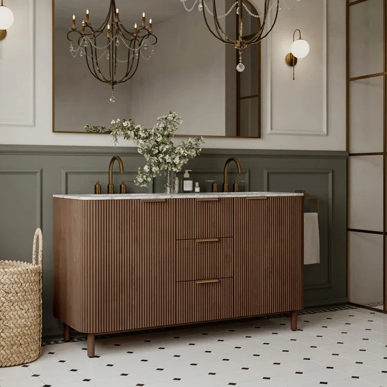 Havana 60" Width Double Bathroom Vanity In Brown Reeded Birch
