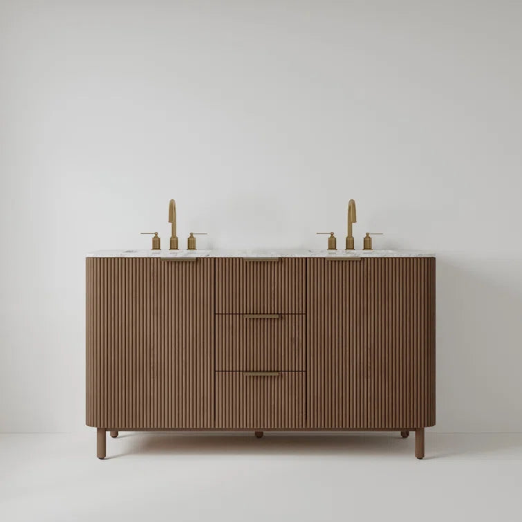 Havana 60" Width Double Bathroom Vanity In Brown Reeded Birch