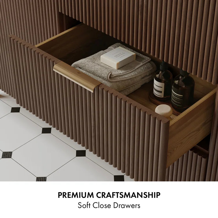 Havana 60" Width Double Bathroom Vanity In Brown Reeded Birch