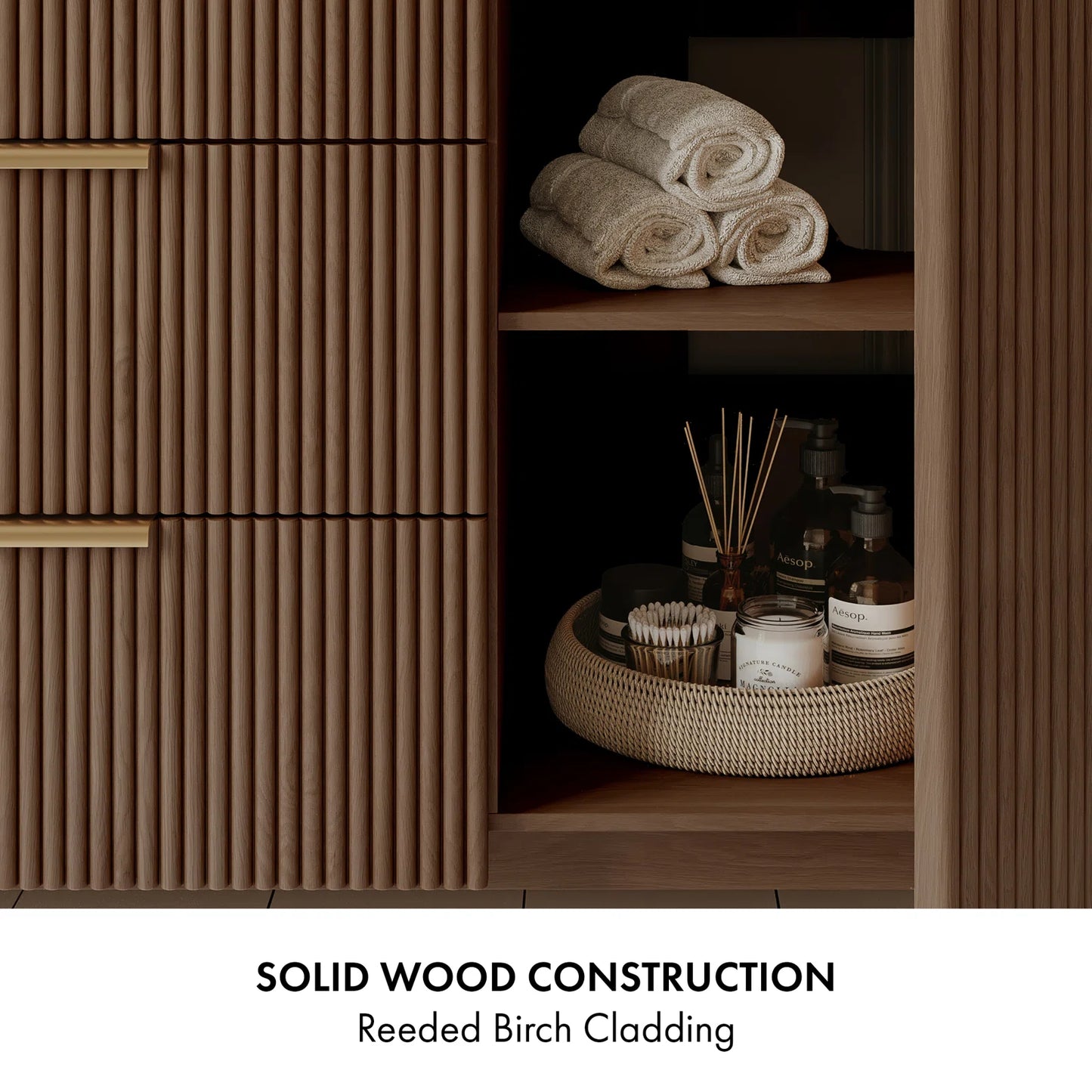 Havana 60" Width Double Bathroom Vanity In Brown Reeded Birch