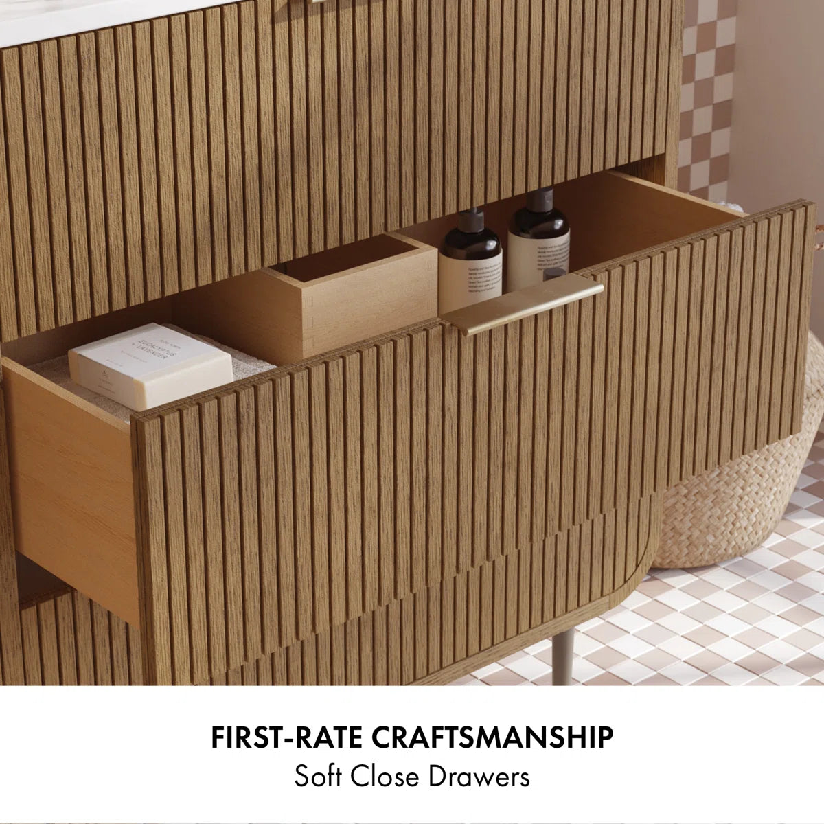 Bern 60" Reeded Oak Double Bathroom Vanity | Engineered Marble Countertop