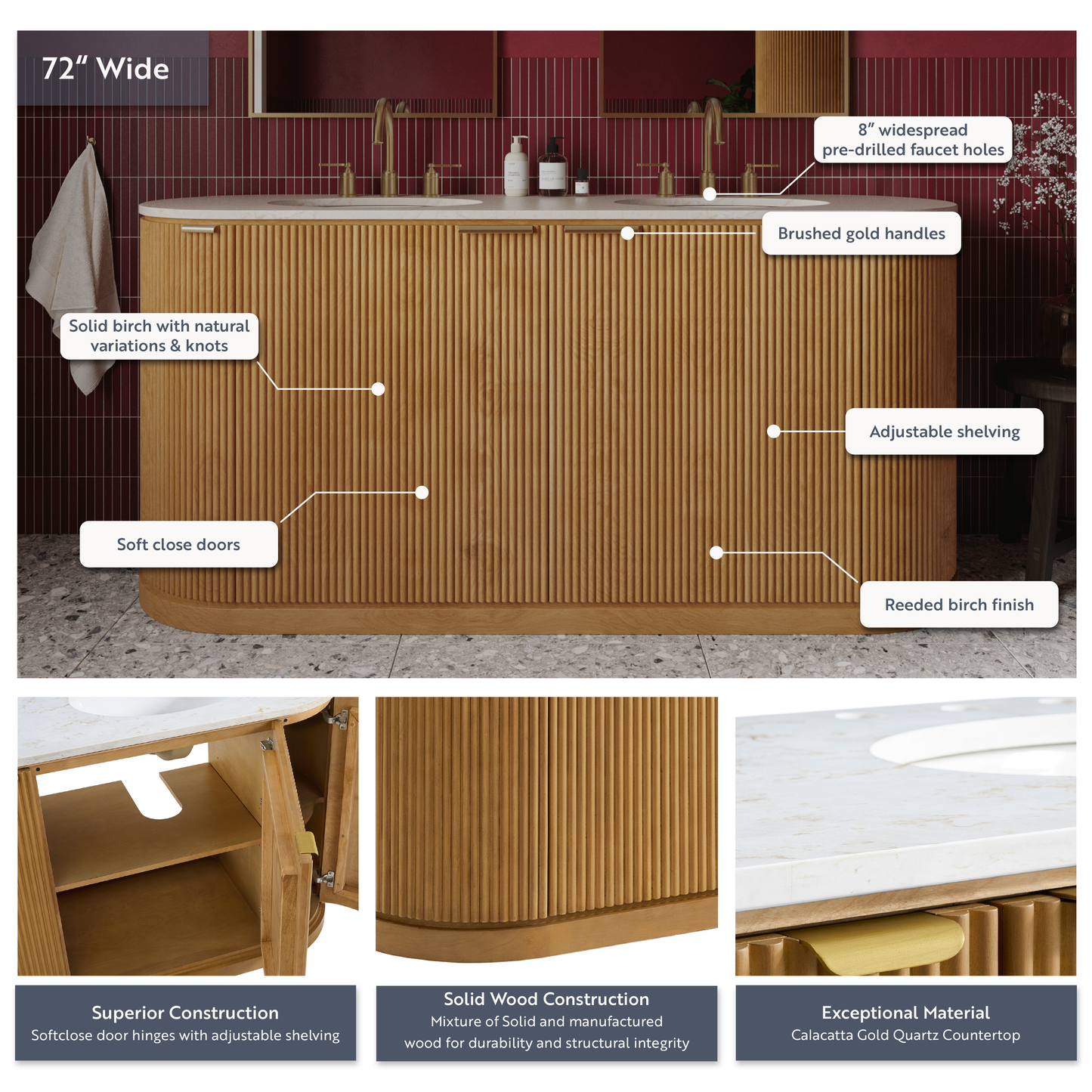 Luna Reeded 72" Double Bathroom Vanity With Quartz Countertop