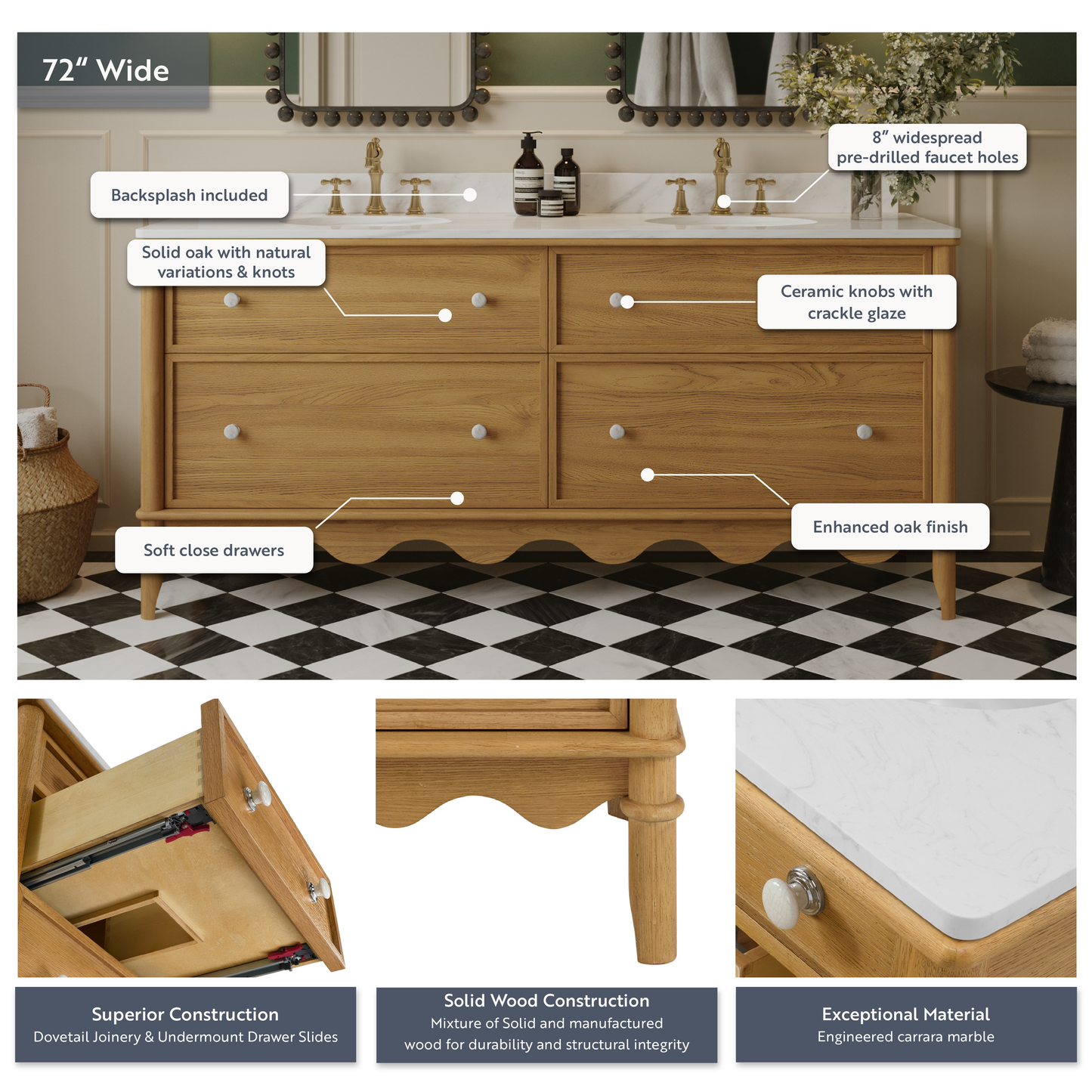 Juliette 72"W Scallop Single Bathroom Vanity | Natural Enhanced Oak | Cultured Marble Countertop
