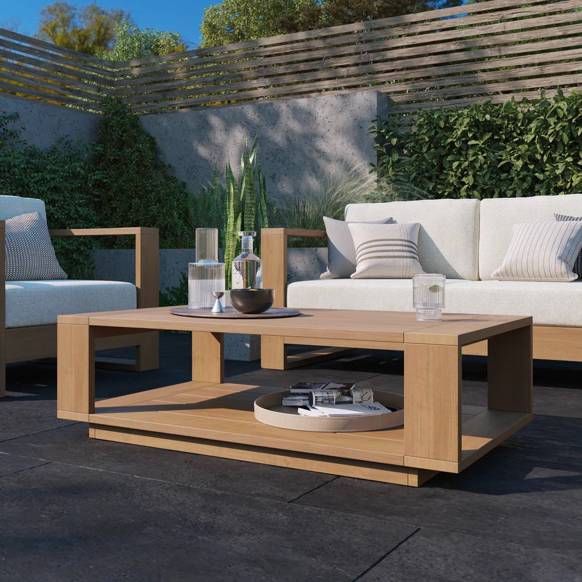 Shay 48" Outdoor Coffee Table In Oiled Eucalyptus