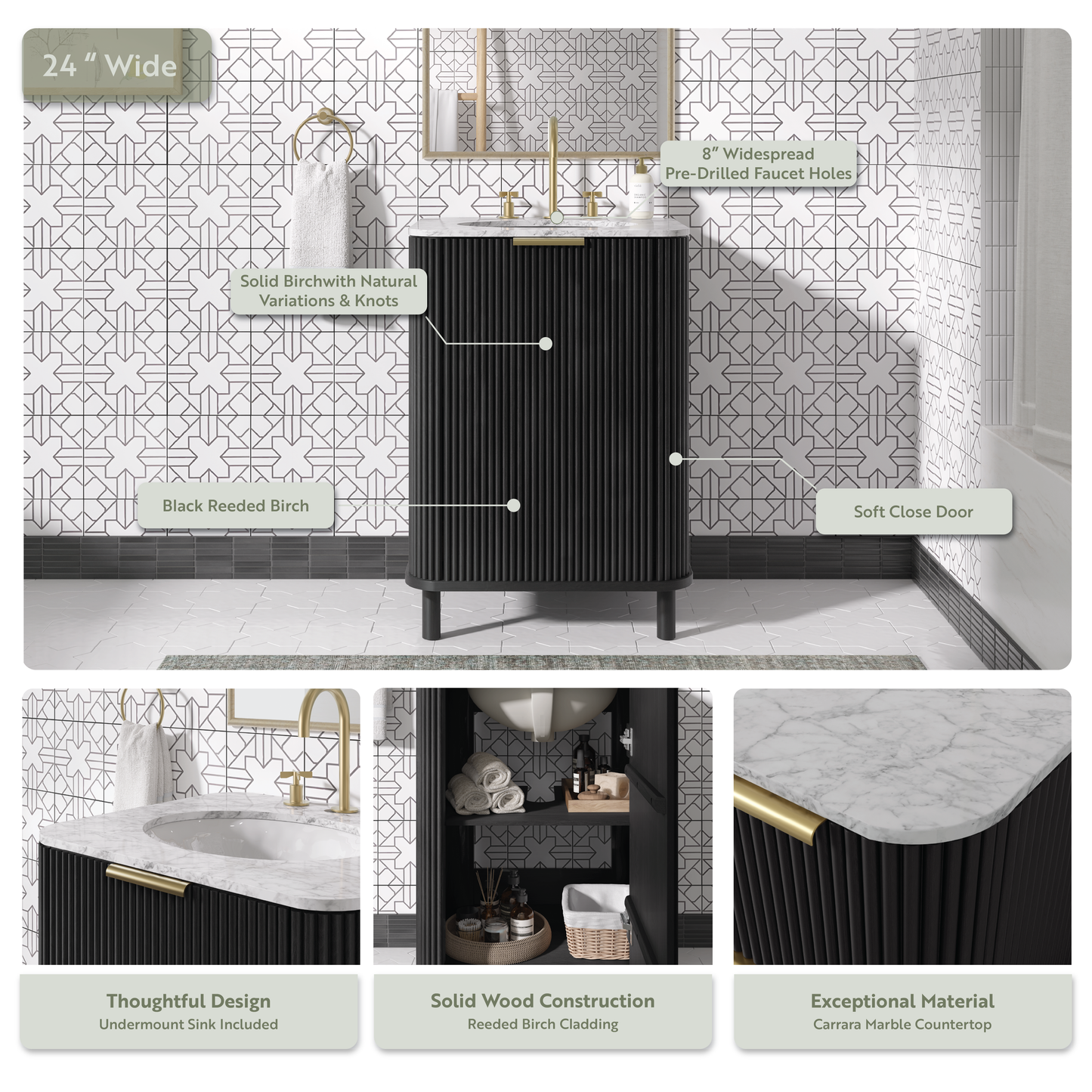 Havana 24"W x 18"D Black Reeded Birch Single Bathroom Vanity | Carrara Marble Countertop