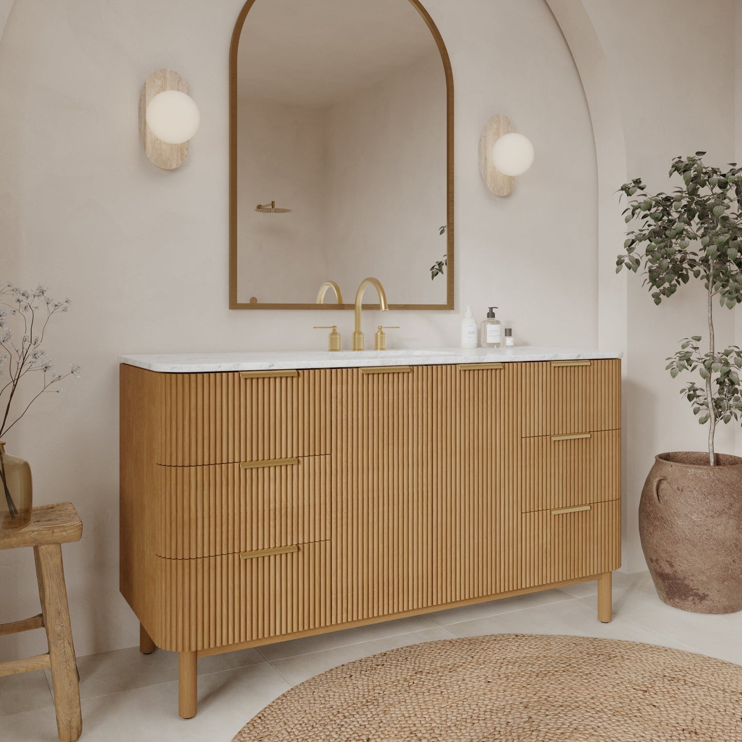 Havana 60" Single Bathroom Vanity in Reeded Birch | Carrara Marble Countertop