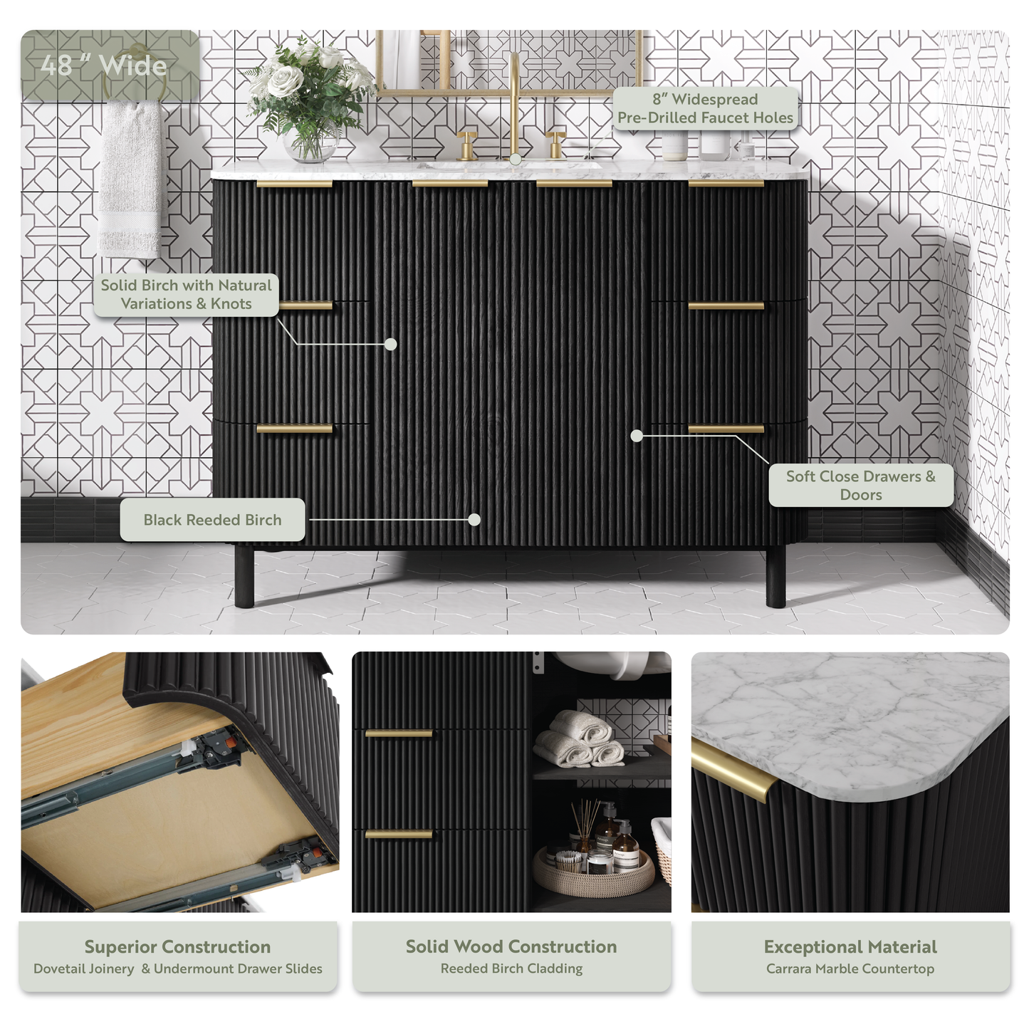 Havana 48" Black Reeded Single Bathroom Vanity | Carrara Marble Countertop