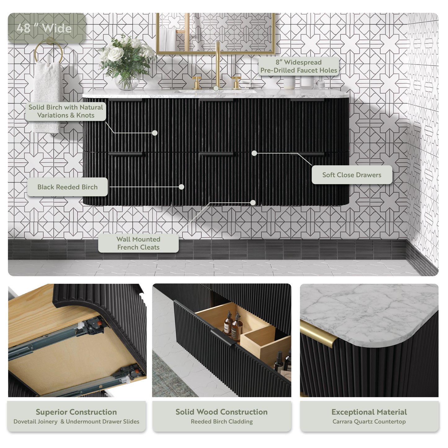 Havana 48" Black Reeded Birch Double Bathroom Vanity | Carrara Marble Countertop