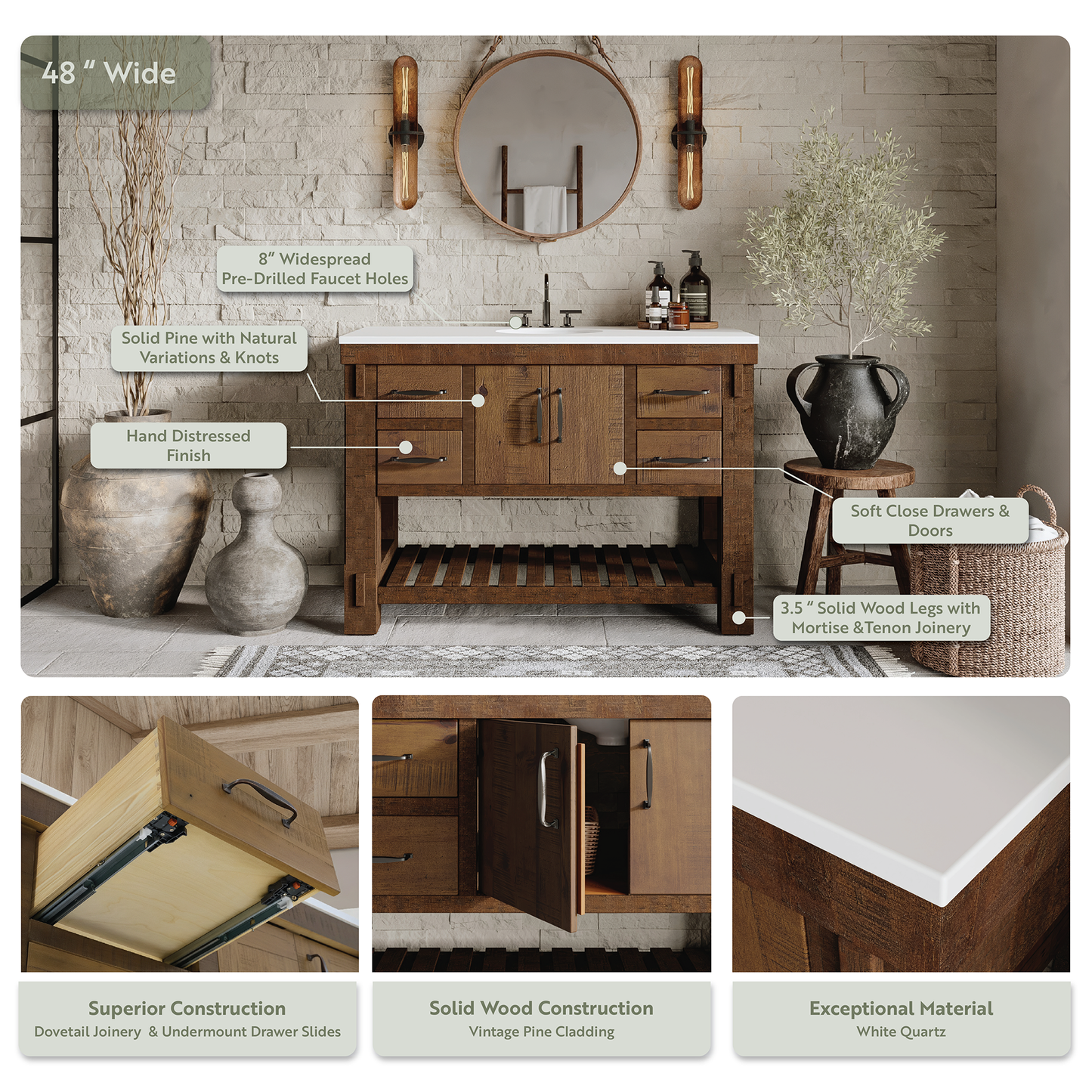 Telluride 48" Single Sink Bathroom Vanity | White Quartz Countertop