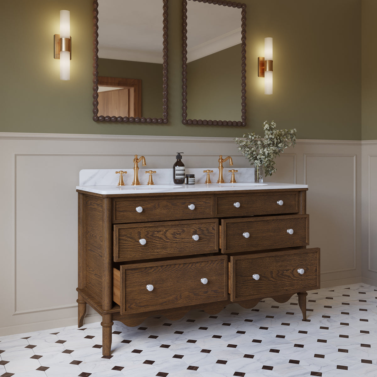 Juliette 54" Bathroom Vanity in Enhanced Brown Oak | Cultured Marble Countertop