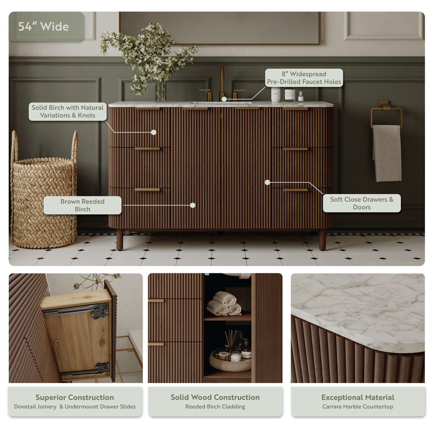 Havana 54" Brown Reeded Birch Single Bathroom Vanity | Carrara Marble Countertop
