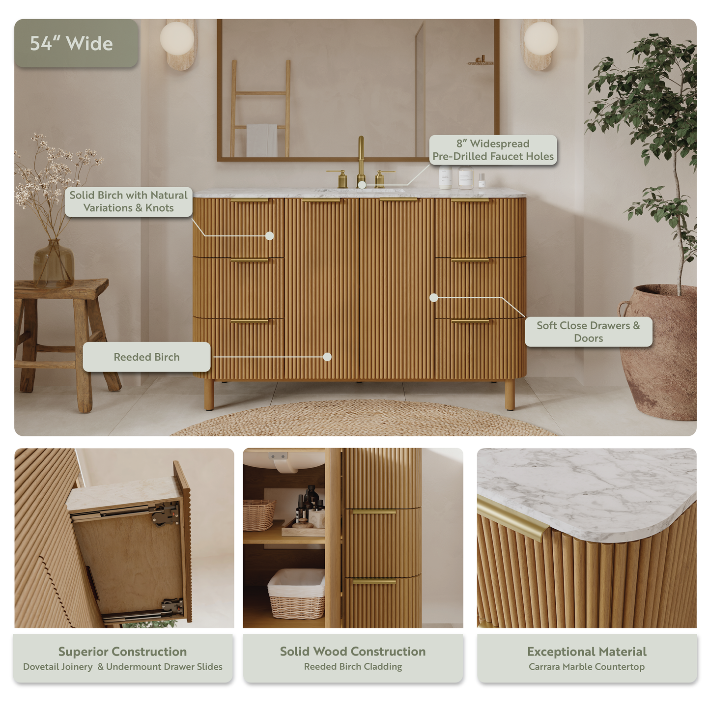 Havana 54" Reeded Single Bathroom Vanity | Carrara Marble Countertop