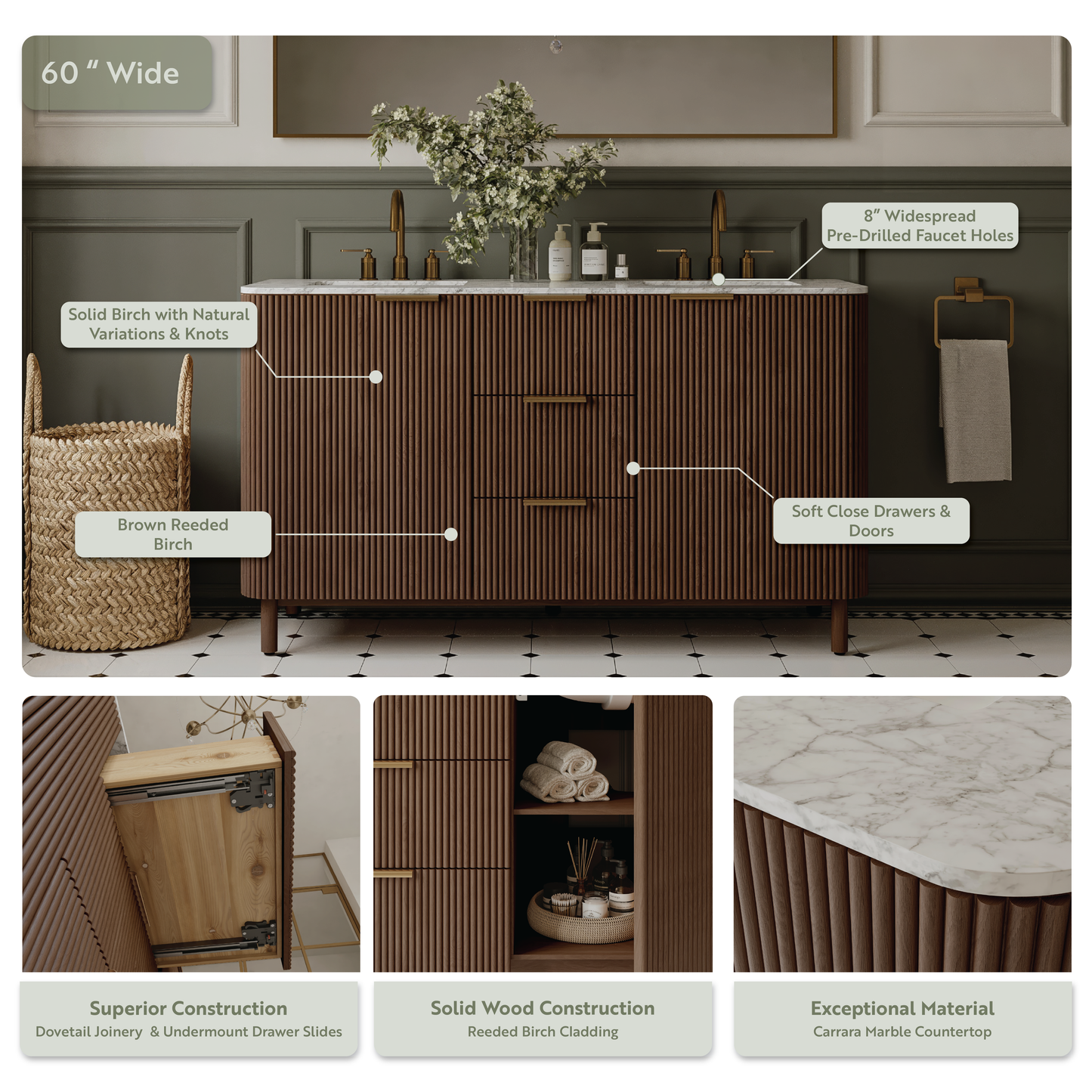 Havana 60" Brown Reeded Birch Double Bathroom Vanity | Carrara Marble Countertop