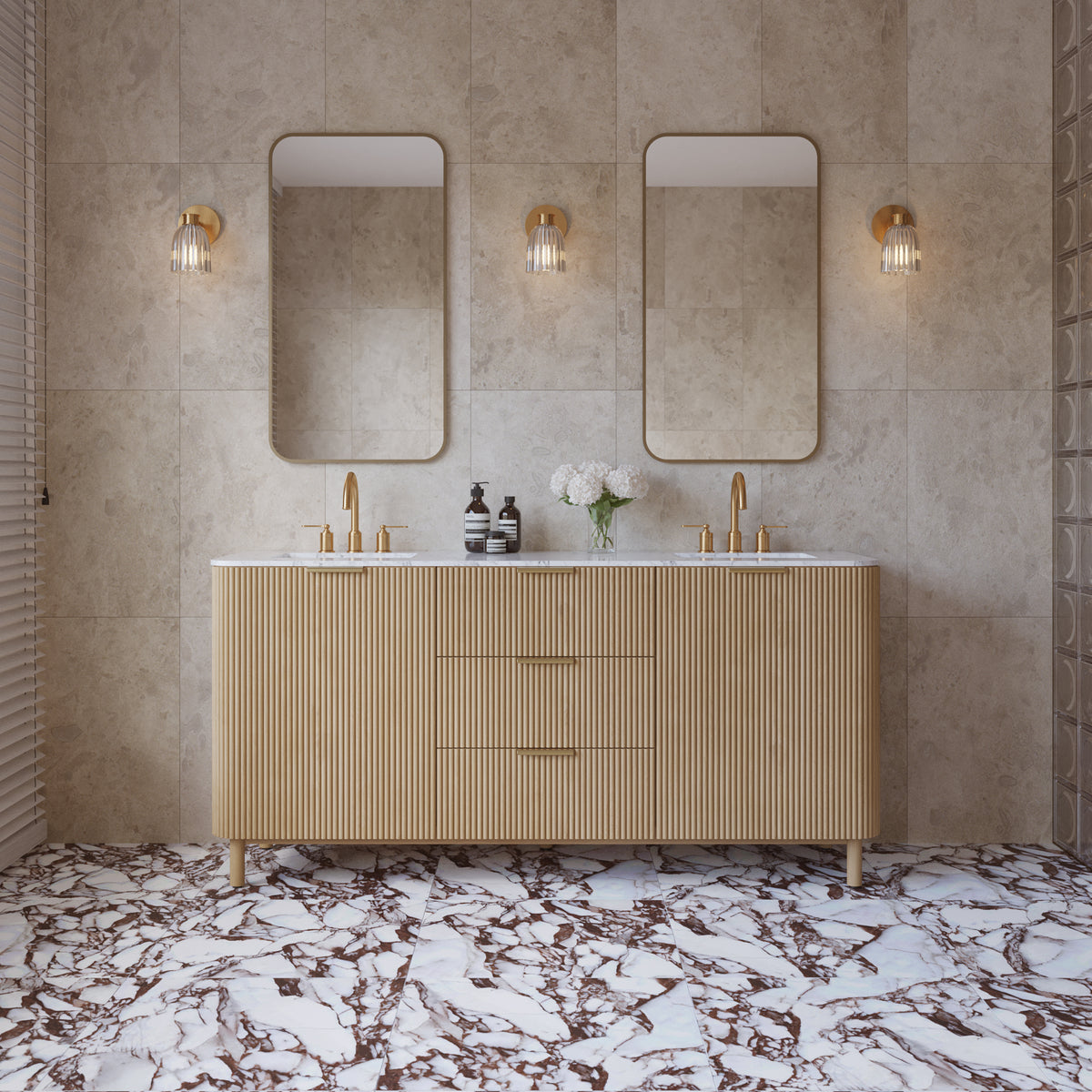 Havana 72" Double Bathroom Vanity in Nordic Reeded Birch | Calacatta Gold Quartz