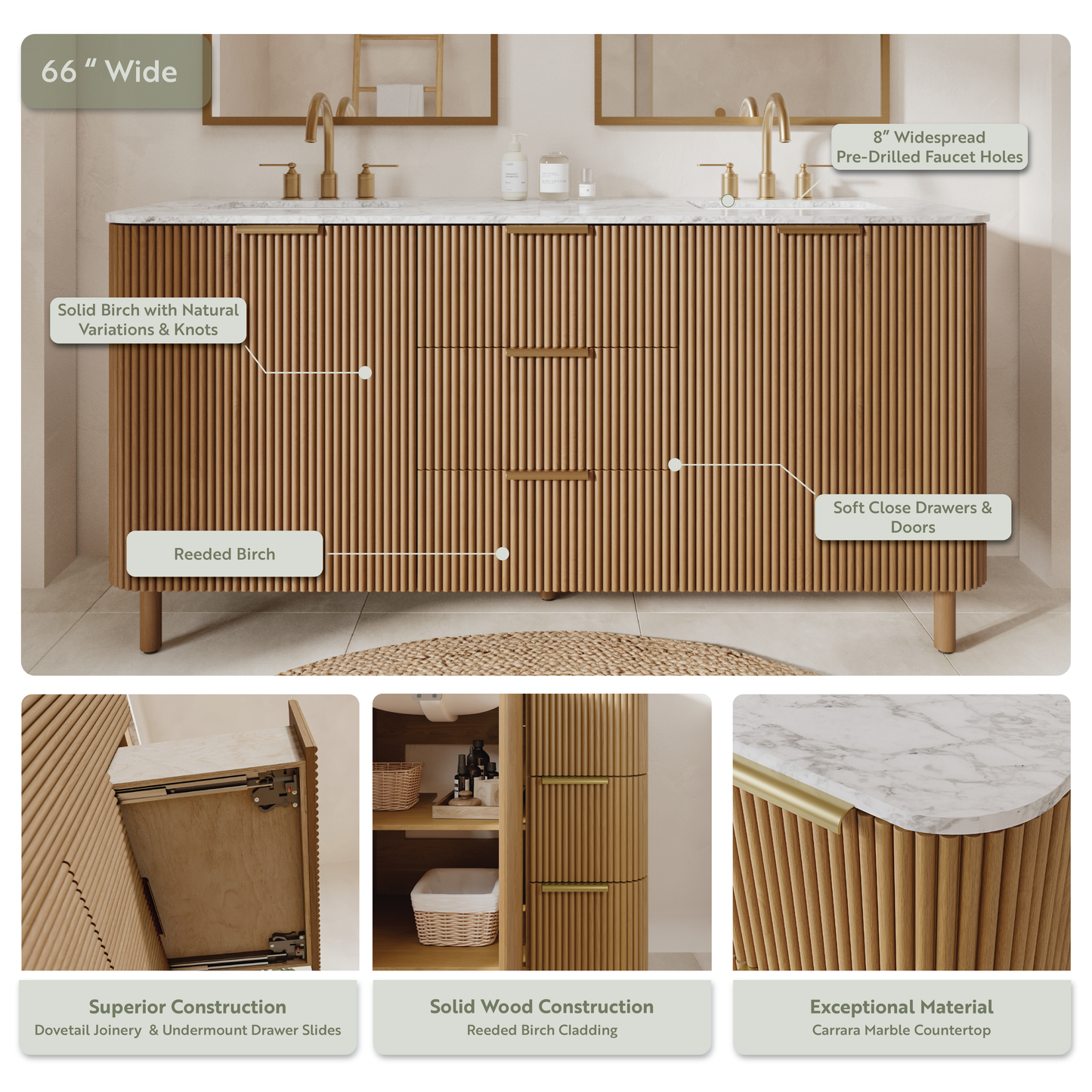 Havana 66" Reeded Double Bathroom Vanity | Carrara Marble Countertop