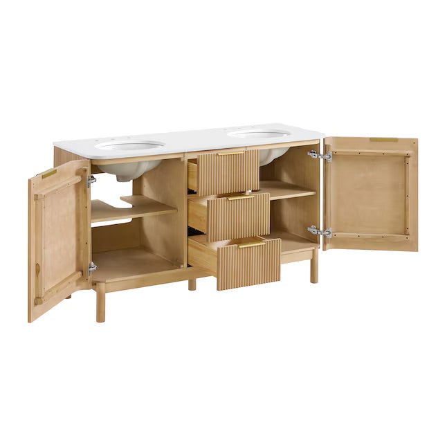 Havana 60" Finished Birch Undermount Double Sink Bathroom Vanity with White Quartz Top