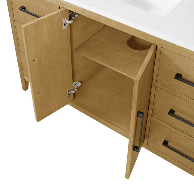 Bergen 54" Wire-brushed Light Oak Undermount Single Sink Bathroom Vanity with White Statuario Quartz Top