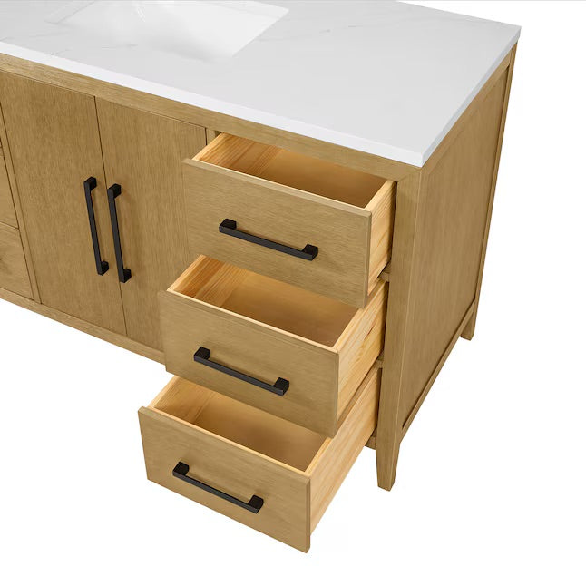Bergen 54" Wire-brushed Light Oak Undermount Single Sink Bathroom Vanity with White Statuario Quartz Top