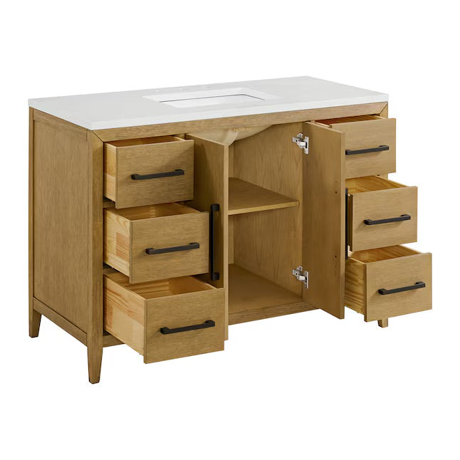 Bergen 48" Wire-brushed Light Oak Undermount Single Sink Bathroom Vanity with White Statuario Quartz Top