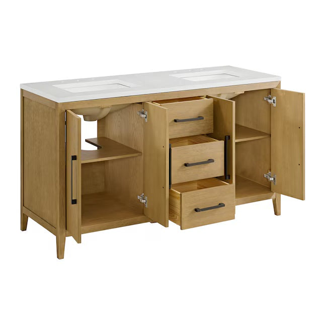 Bergen 60" Wire-brushed Light Oak Undermount Double Sink Bathroom Vanity with White Statuario Quartz Top