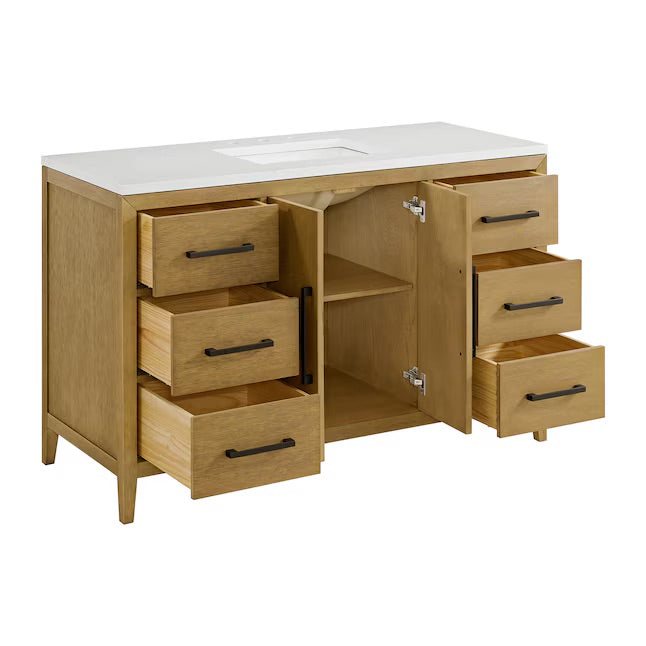 Bergen 54" Wire-brushed Light Oak Undermount Single Sink Bathroom Vanity with White Statuario Quartz Top