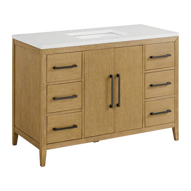 Bergen 48" Wire-brushed Light Oak Undermount Single Sink Bathroom Vanity with White Statuario Quartz Top