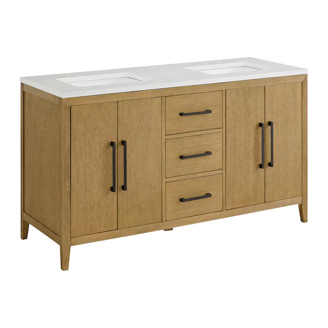 Bergen 60" Wire-brushed Light Oak Undermount Double Sink Bathroom Vanity with White Statuario Quartz Top