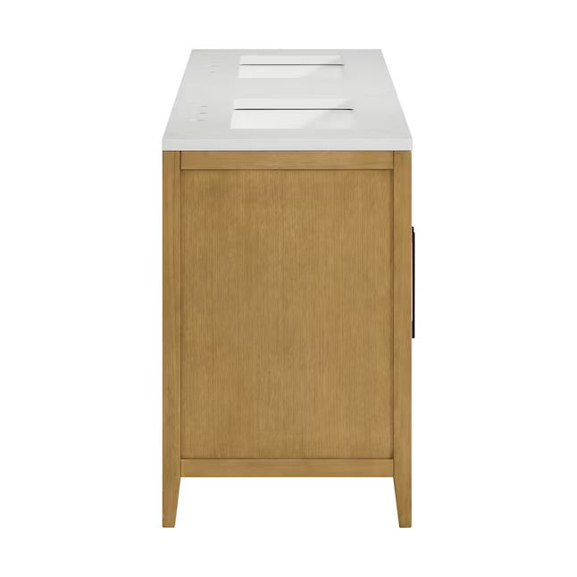 Bergen 60" Wire-brushed Light Oak Undermount Double Sink Bathroom Vanity with White Statuario Quartz Top