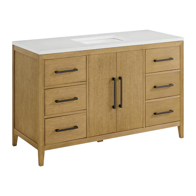 Bergen 54" Wire-brushed Light Oak Undermount Single Sink Bathroom Vanity with White Statuario Quartz Top
