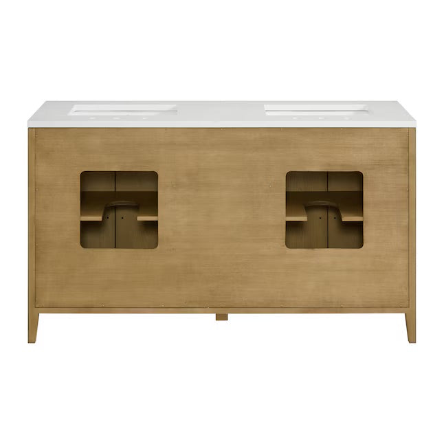 Bergen 60" Wire-brushed Light Oak Undermount Double Sink Bathroom Vanity with White Statuario Quartz Top