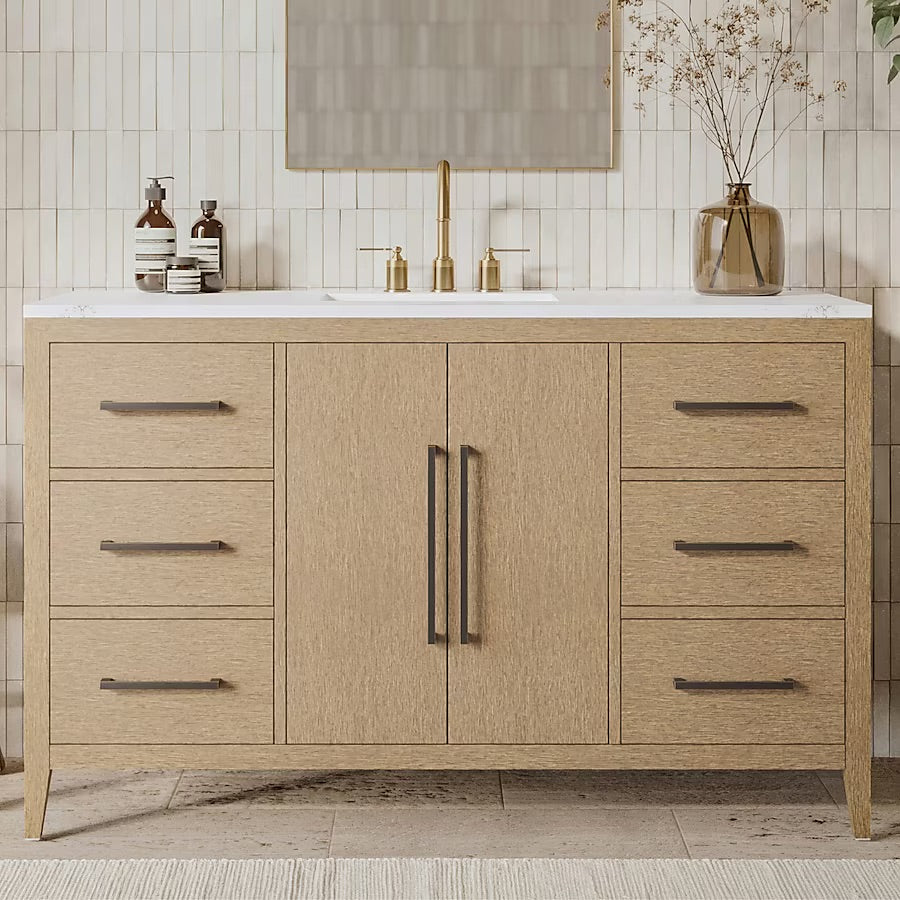 Bergen 54" Wire-brushed Light Oak Undermount Single Sink Bathroom Vanity with White Statuario Quartz Top