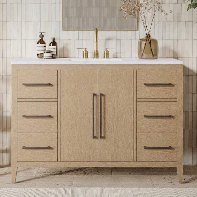Bergen 48" Wire-brushed Light Oak Undermount Single Sink Bathroom Vanity with White Statuario Quartz Top
