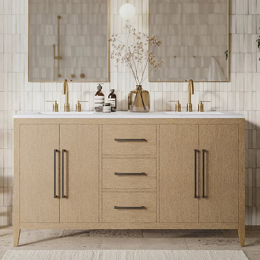 Bergen 60" Wire-brushed Light Oak Undermount Double Sink Bathroom Vanity with White Statuario Quartz Top