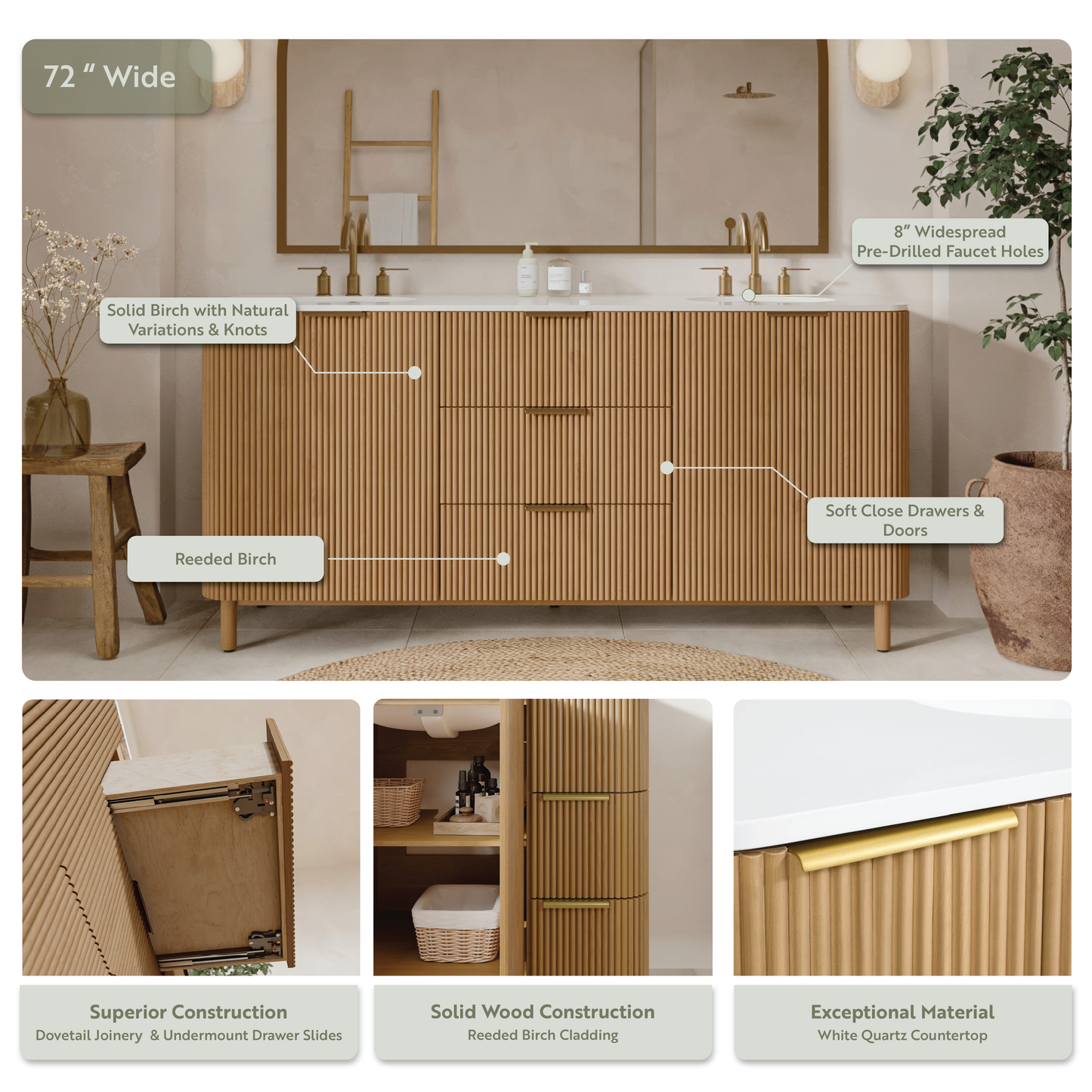 Havana 72"  Reeded Double Sink Bathroom Vanity | White Quartz Top