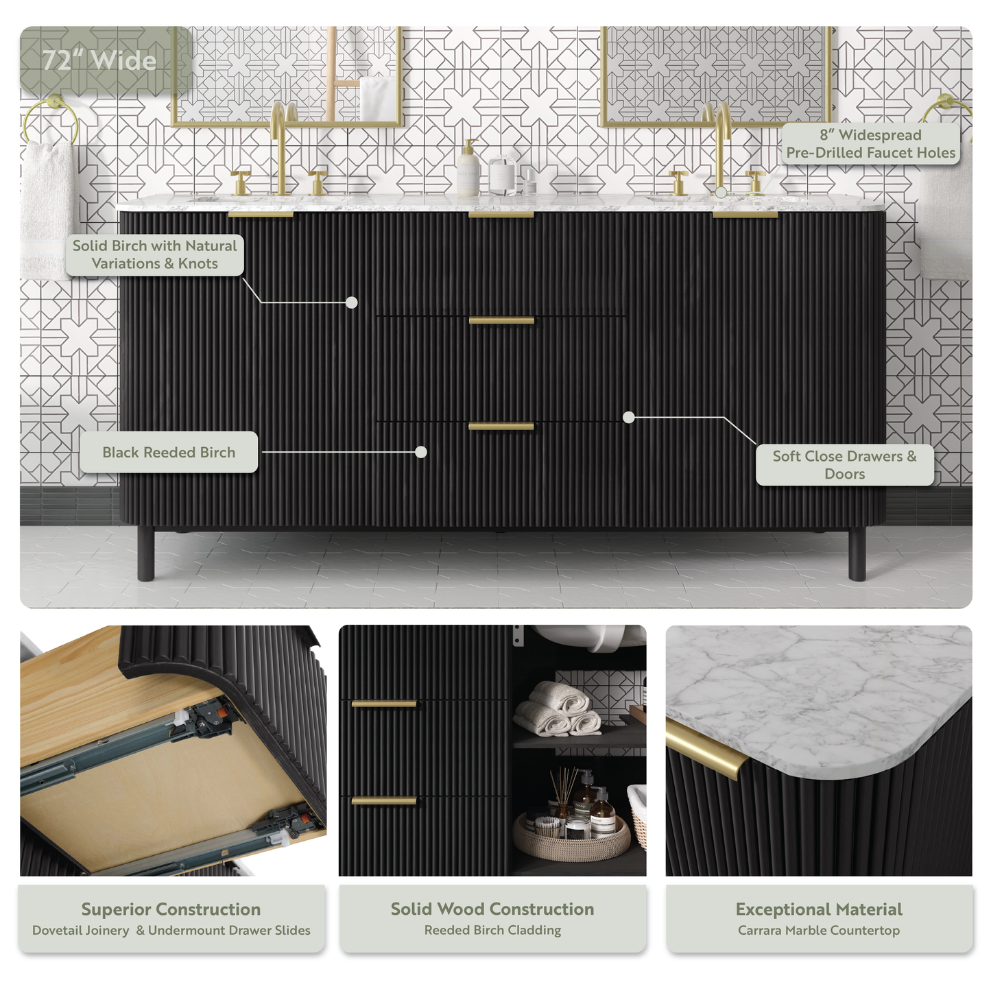 Havana 72" Black Reeded Double Sink Bathroom Vanity | Carrara Marble Countertop