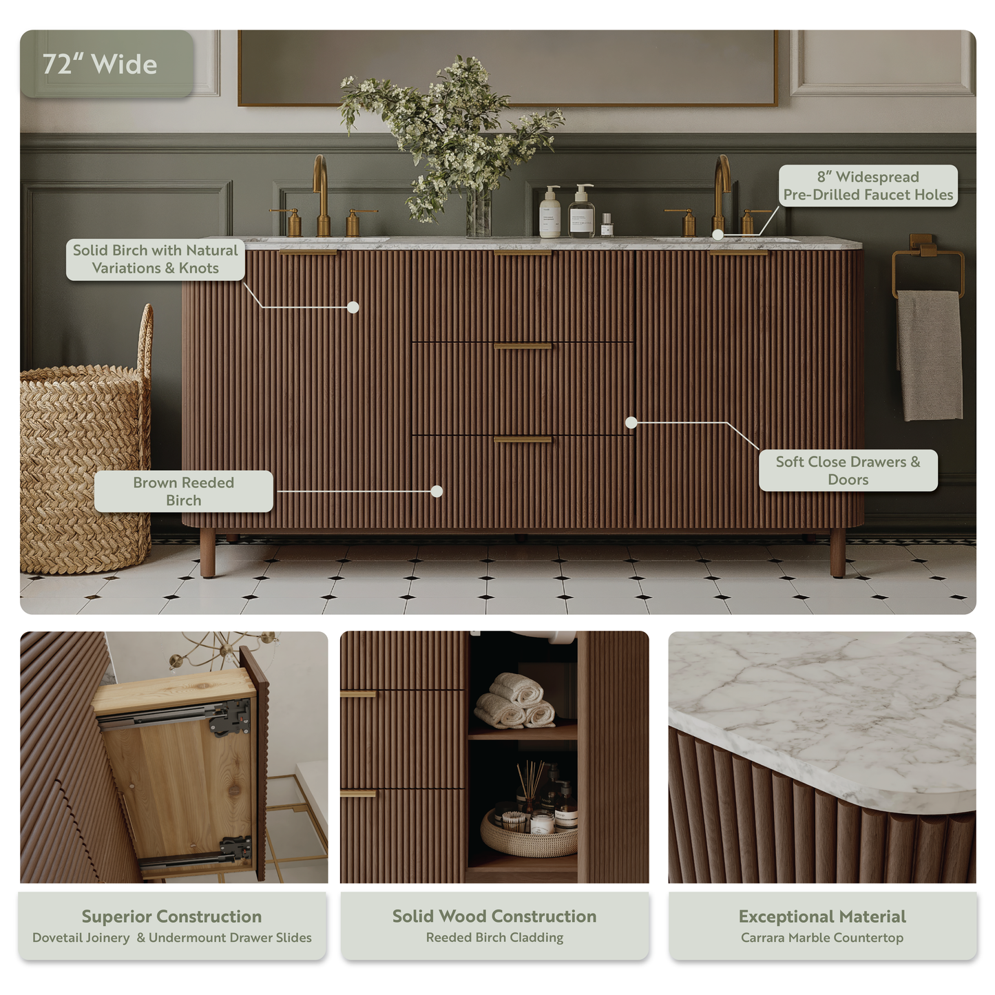 Havana 72" Brown Reeded Birch Double Bathroom Vanity | Carrara Marble Countertop