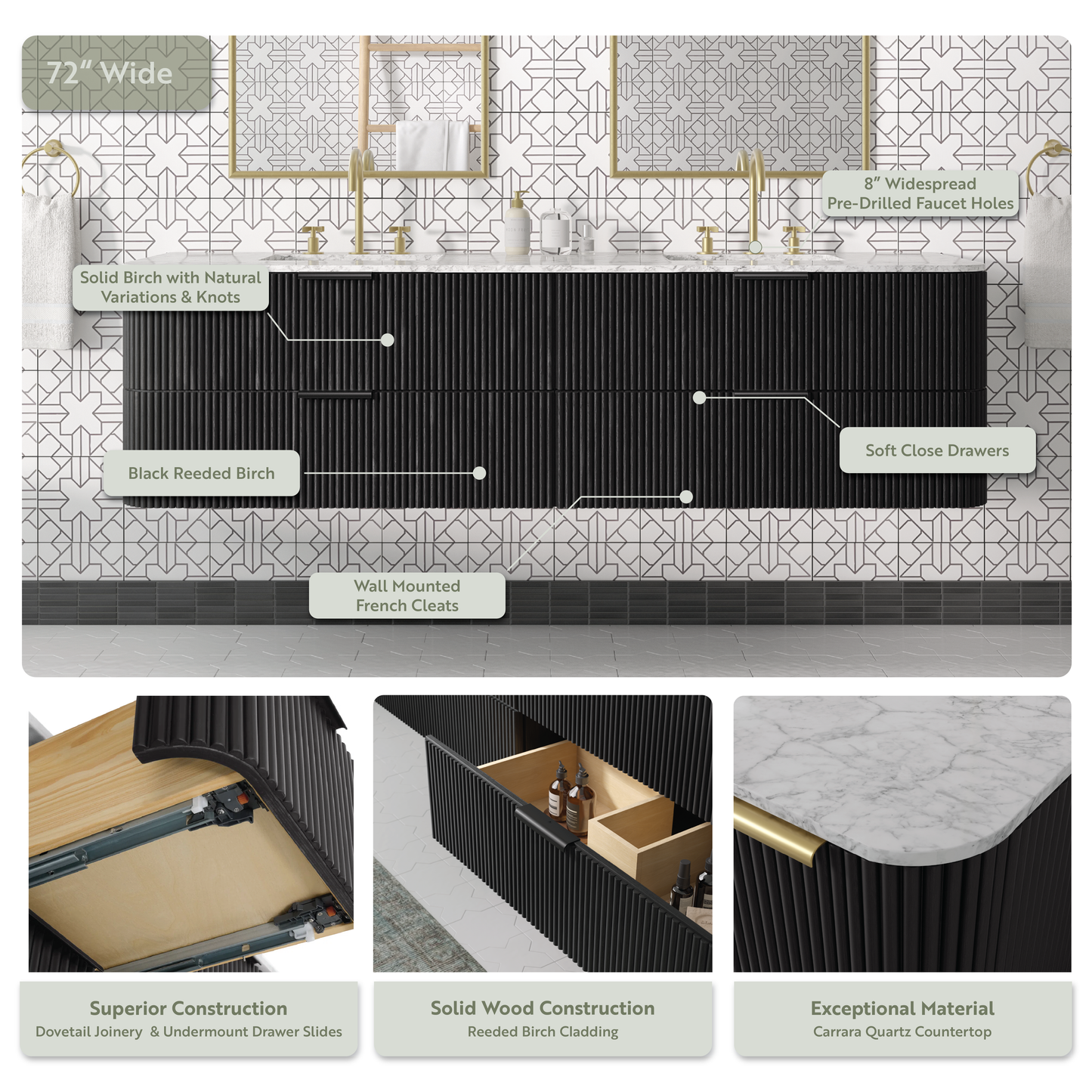 Havana 72" Black Reeded Floating Double Bathroom Vanity | Carrara Marble Countertop